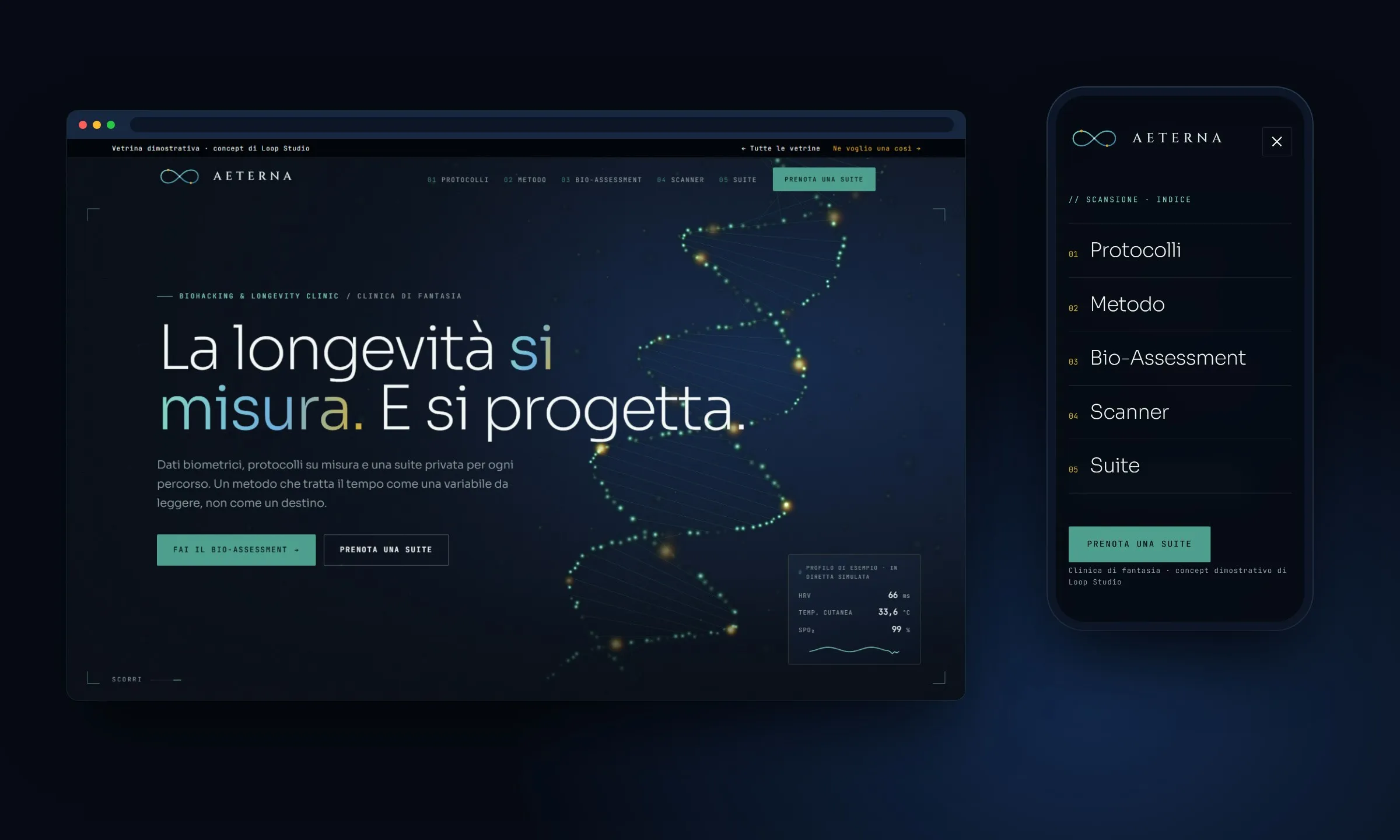 Aeterna su desktop e su telefono: titolo grande su fondo blu notte, una doppia elica di DNA luminosa in 3D, il menù mobile a scansione.