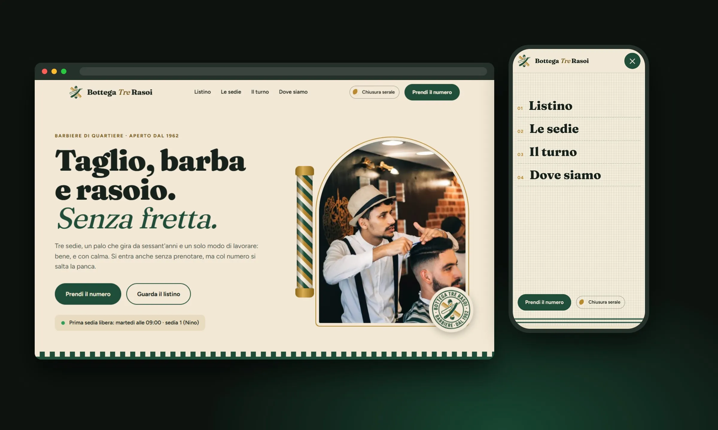Bottega Tre Rasoi su desktop e su telefono: un titolo grande su fondo crema, un barbiere al lavoro in un arco con il palo a righe, il menù mobile che si stende come un asciugamano.