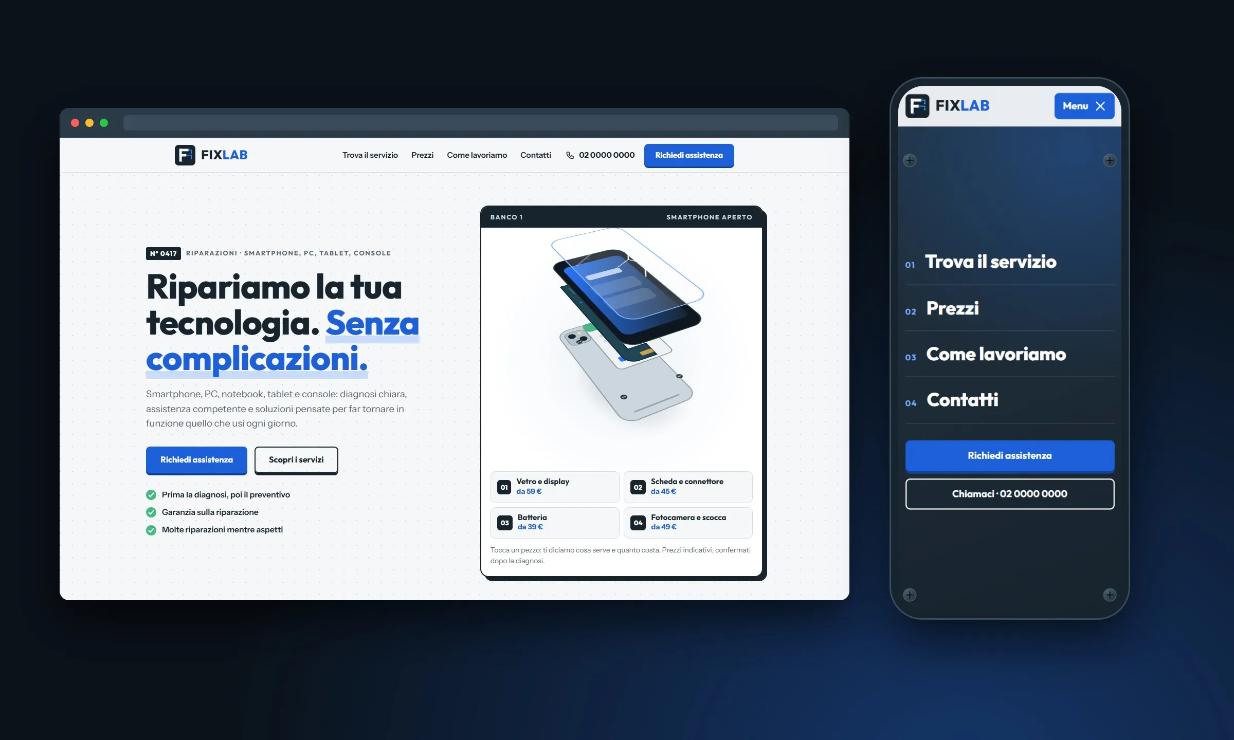 FIXLAB su desktop e su telefono: titolo grande su fondo ghiaccio, uno smartphone in vista esplosa con i prezzi dei pezzi, il menù mobile come pannello posteriore avvitato.
