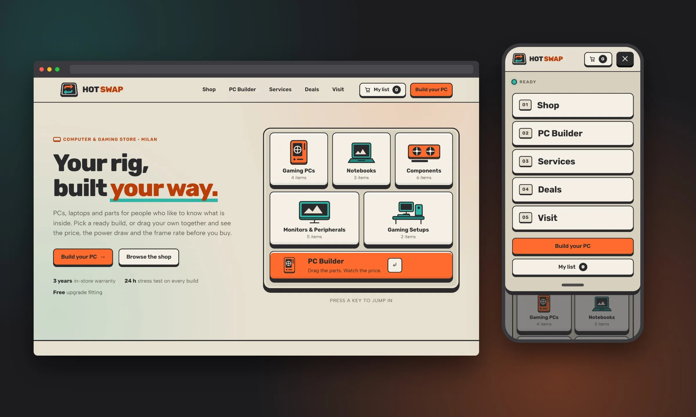 Hot Swap su desktop e su telefono: titolo grande su fondo beige, una tastiera di categorie con il tasto arancio del configuratore, il menù mobile come vassoio con LED.
