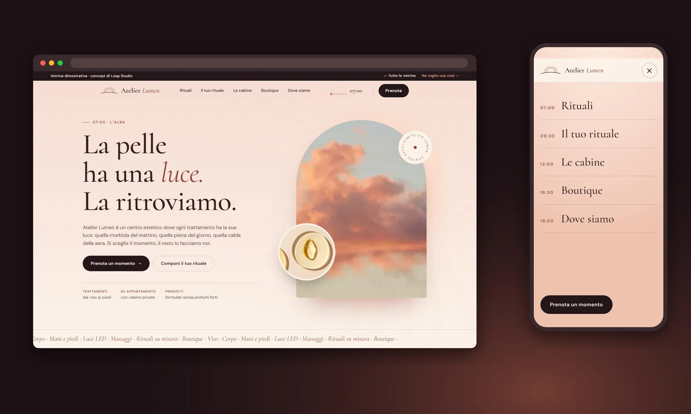Atelier Lumen su desktop e su telefono: titolo elegante su fondo cipria, un arco con una nuvola rosa all’alba, il menù mobile come una tenda che si apre sulla luce.