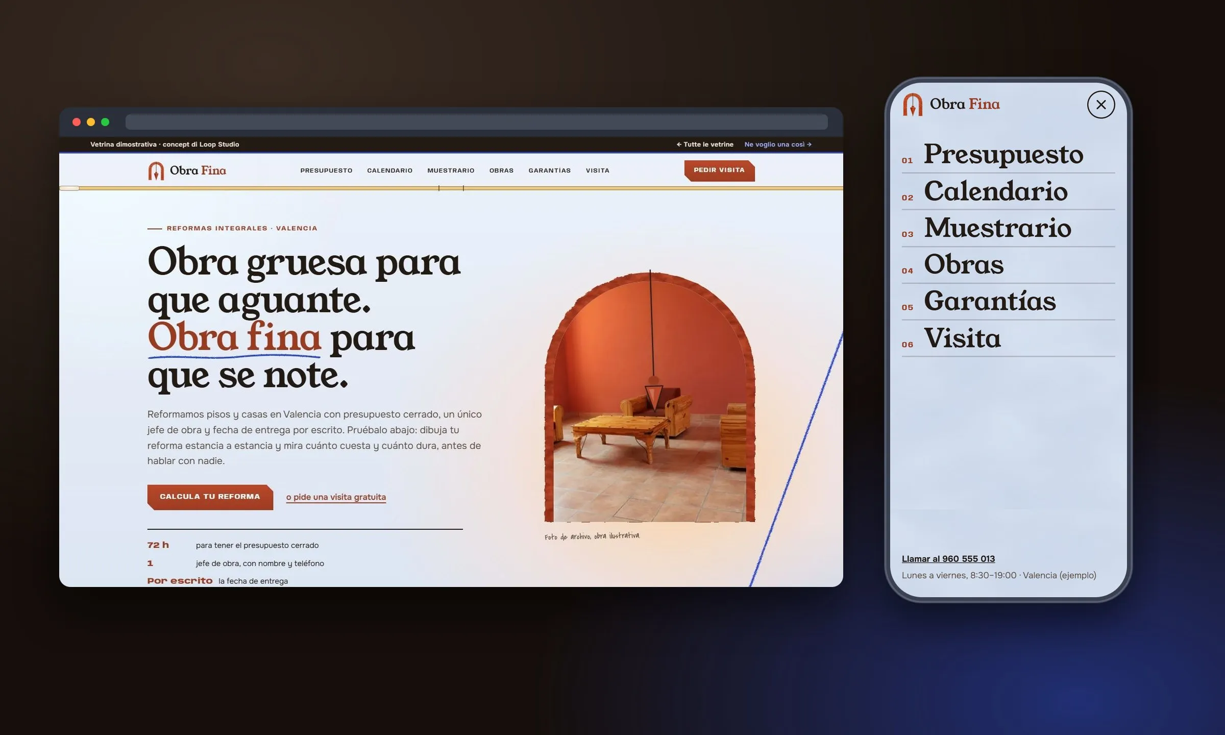 Obra Fina su desktop e su telefono: titolo in serif su calce azzurrina, un arco di intonaco con fotografia e un filo a piombo, una casa in sezione con stanze colorate, una riga di gesso blu, il menù mobile a tre mani di cazzuola.