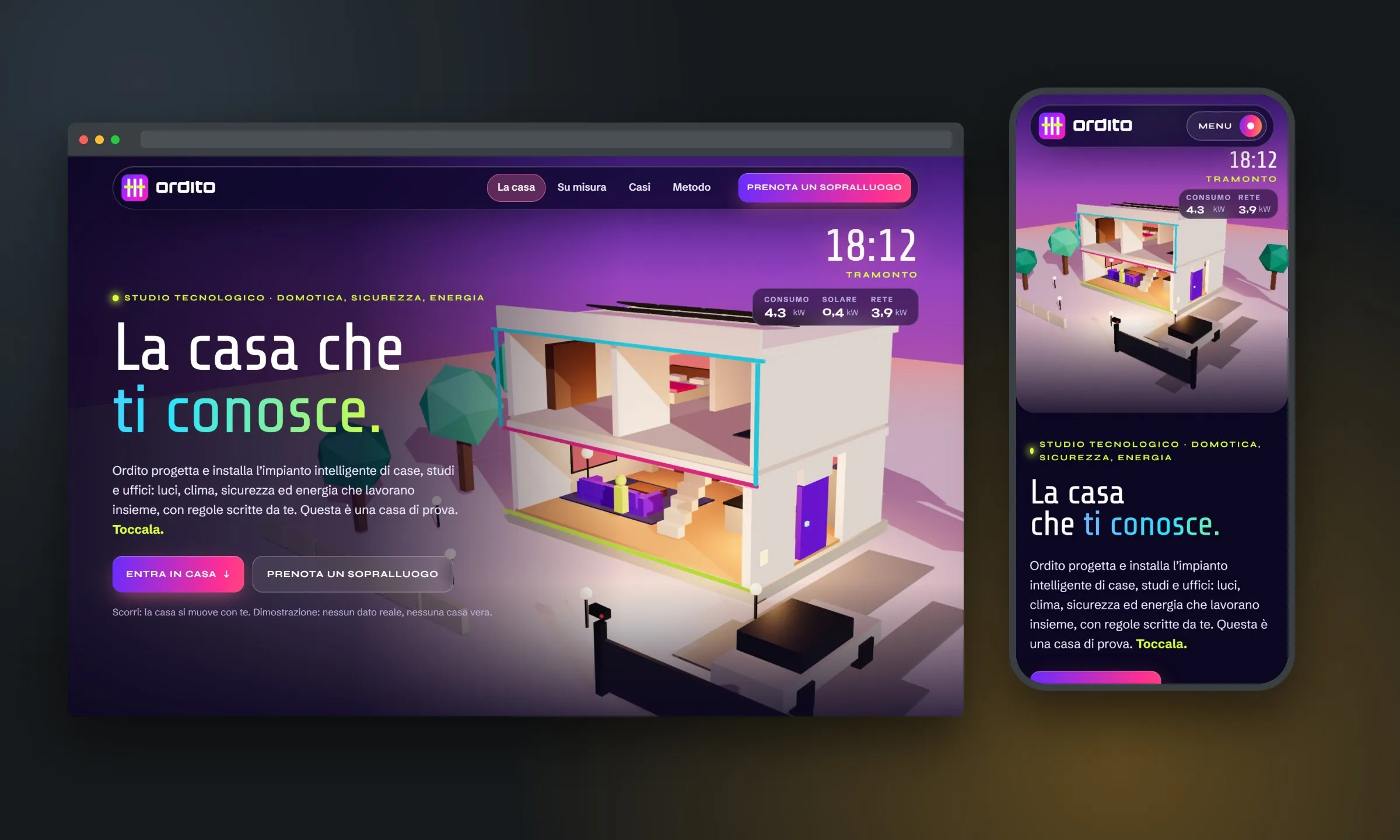 Ordito su desktop e su telefono: titolo grande su un cielo al tramonto viola e magenta, una casa a due piani in 3D con bordi al neon, orologio e consumi, il menù mobile.