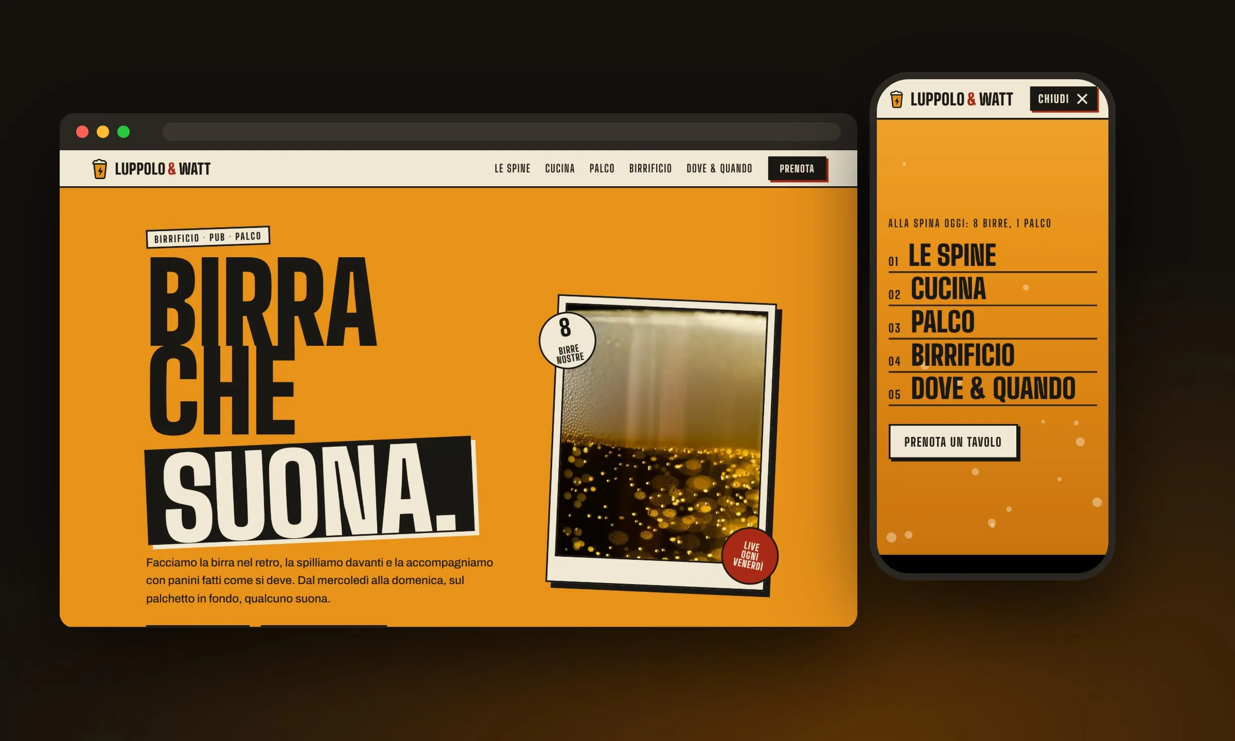 Luppolo & Watt su desktop e su telefono: titolo gigante su fondo ambra, polaroid di una birra con la schiuma, menù mobile che si riempie di birra.