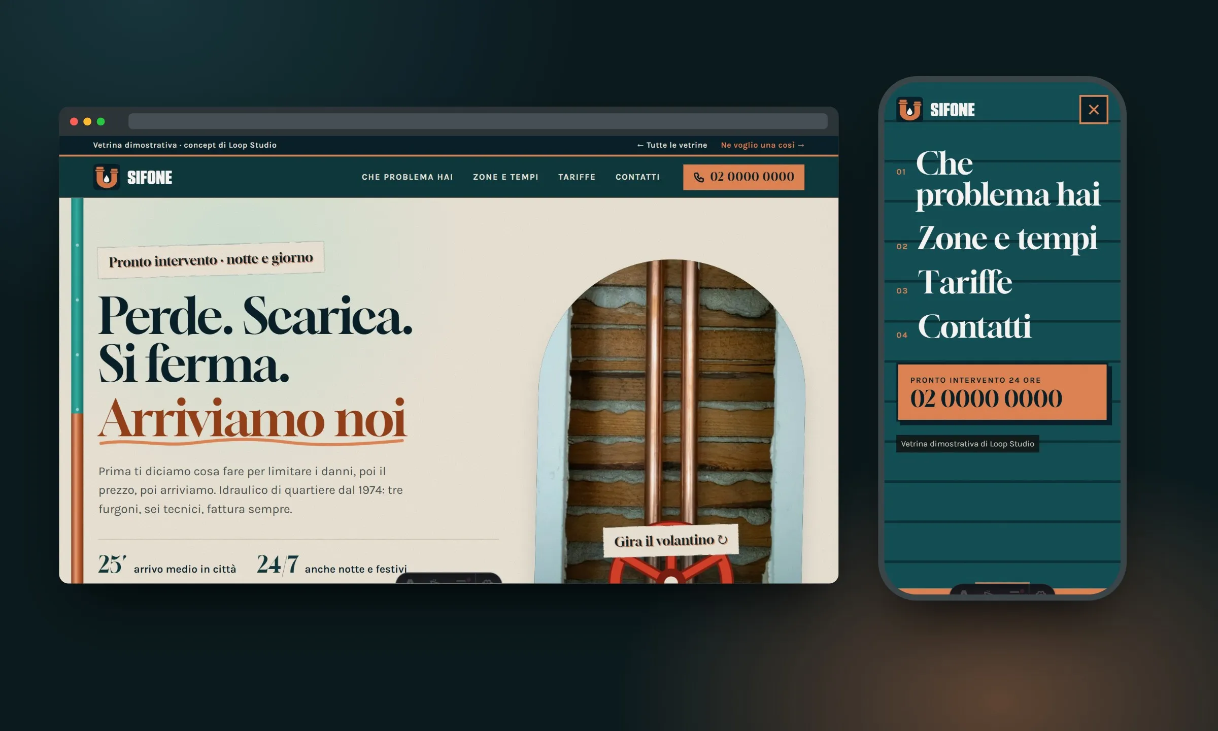 Sifone su desktop e su telefono: titolo in serif su calce, i tubi di rame in una parete aperta ritagliati ad arco, un volantino rosso di una valvola da girare, il menù mobile come serranda a lamelle petrolio.